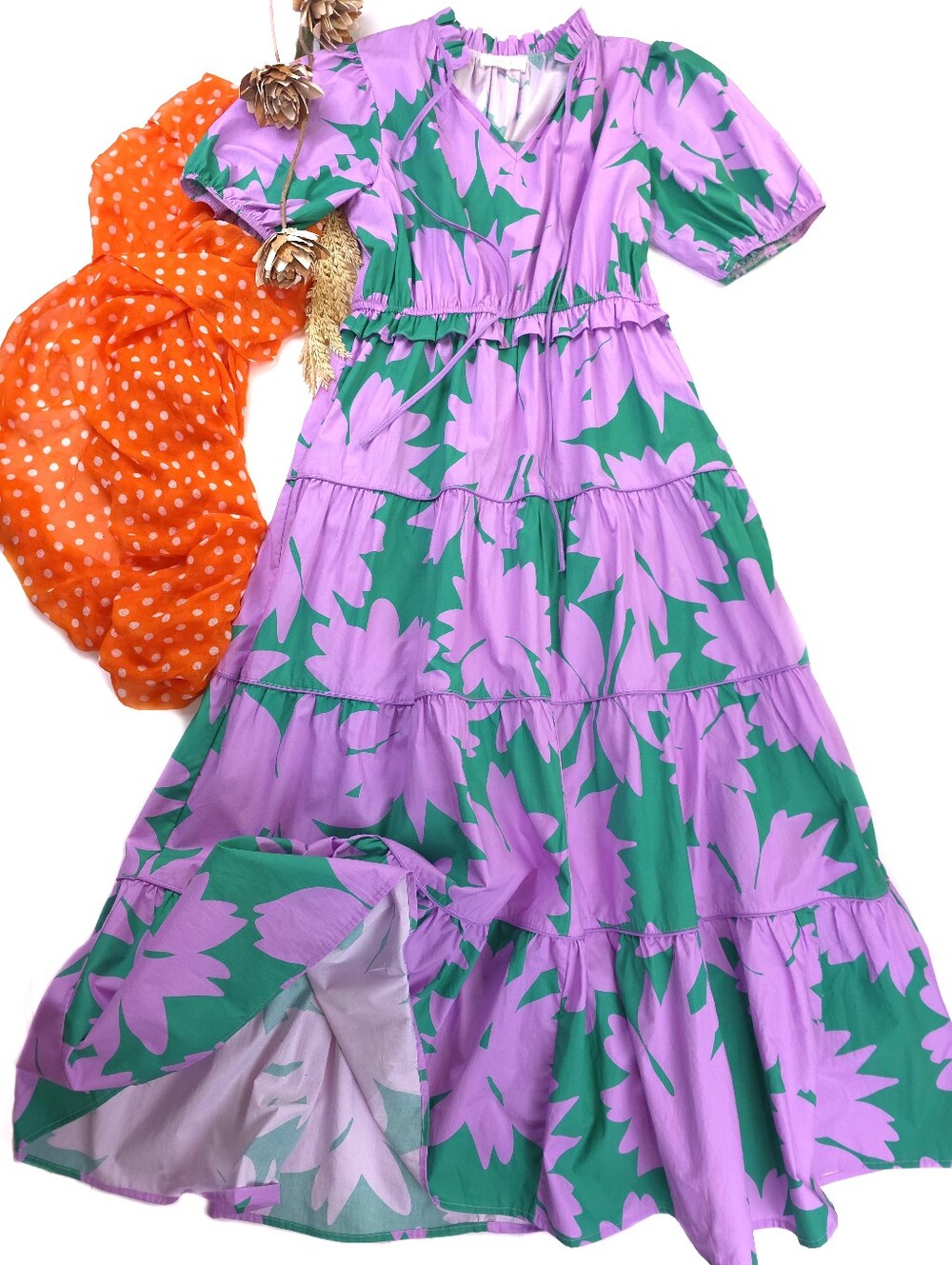 Peach Love California Purple & Green Floral Tiered Dress Sz L
